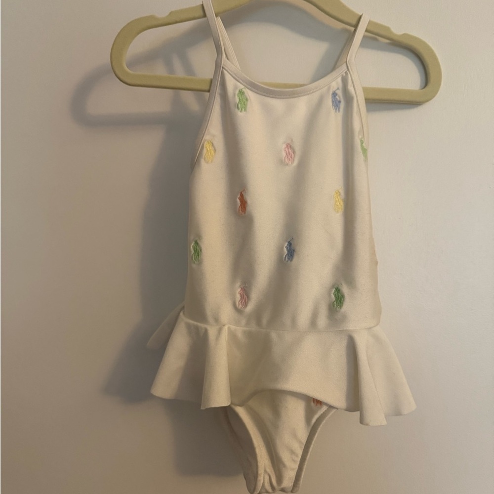 Polo by Ralph Lauren White One-Piece Swimsuit with Multicolor Pony Embroidery